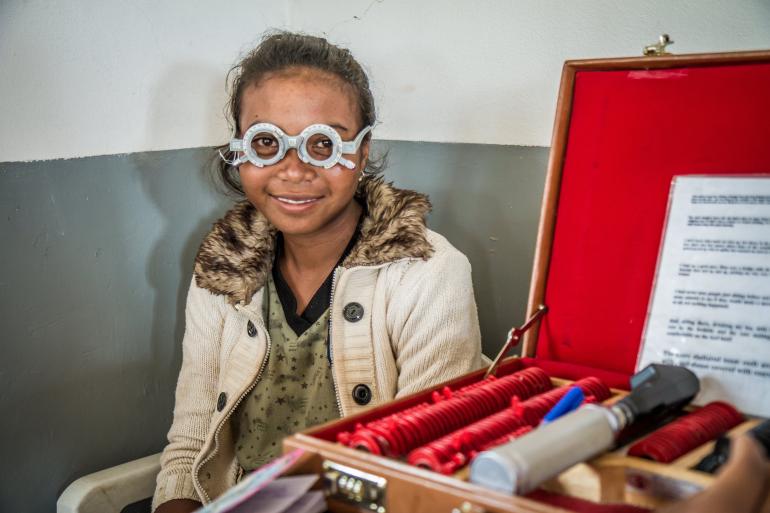 Malagasy girl getting tested for refractive errors