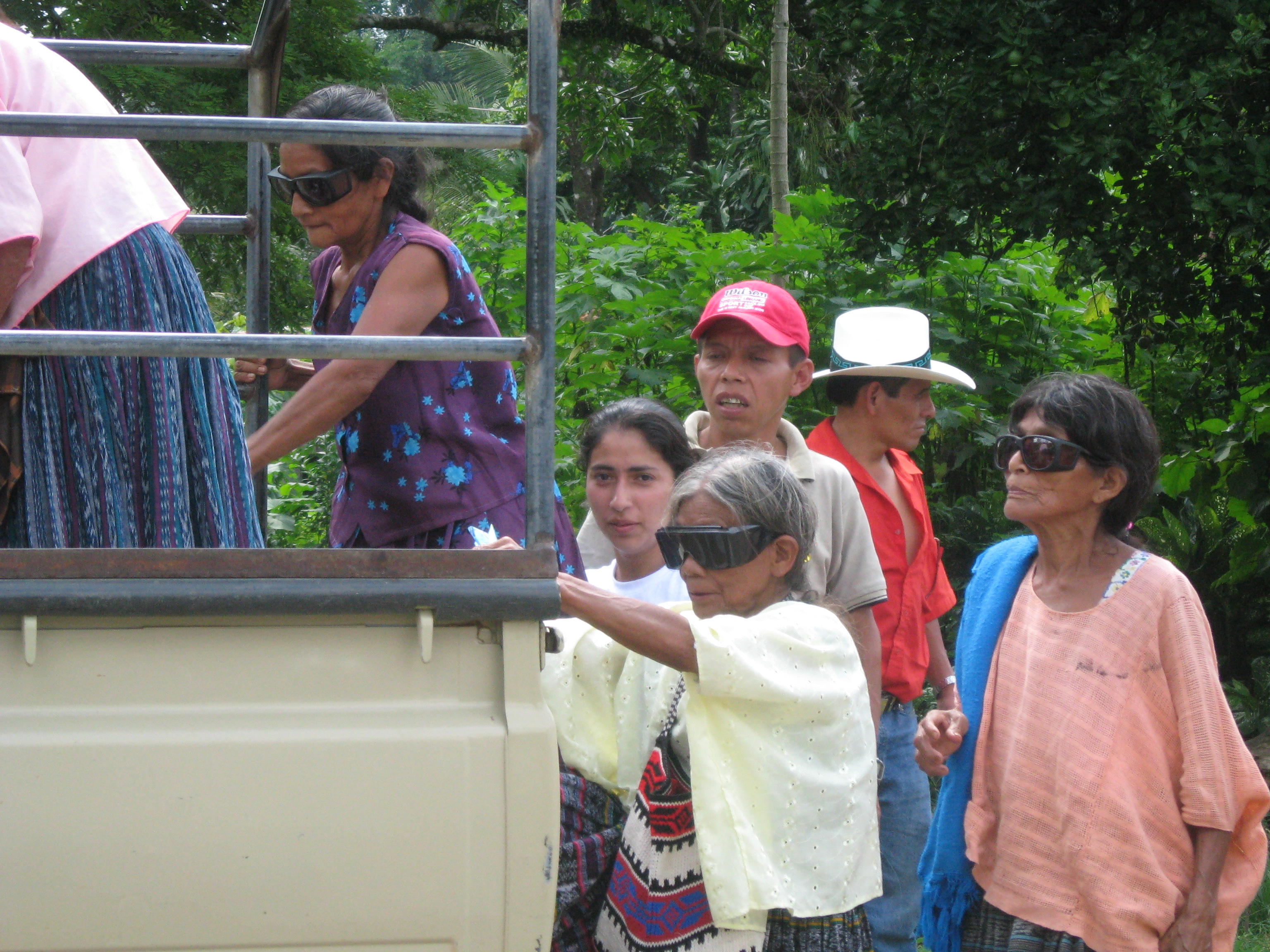 Cataract patients at the Seva eye camp in Guatemala being given free transportation to the hospital for surgery. Photo by Laura Spencer