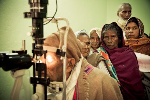 Nepal eye care patients lined up for eye exam