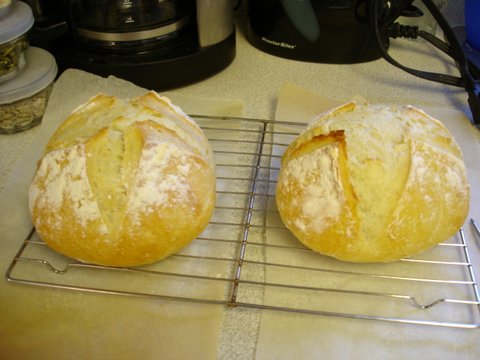 two round loaves of bread sitting on a cooling rack in kitchen
