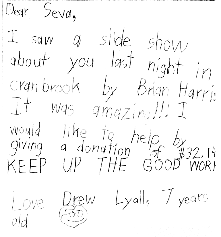 A letter Drew sent to Seva that says to keep up the good work