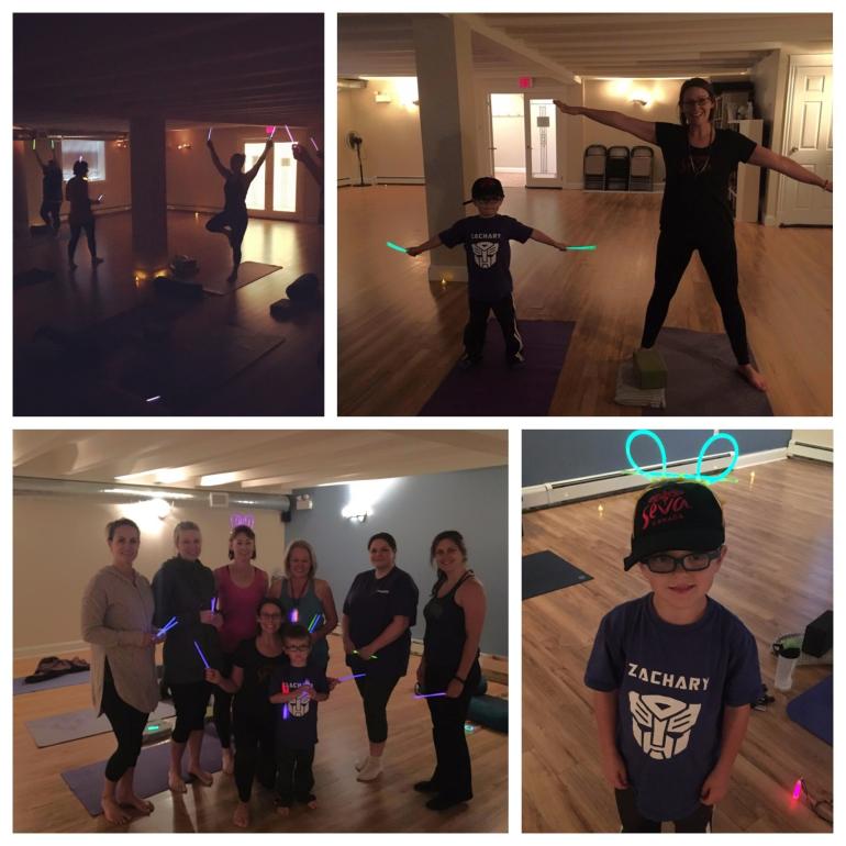 photo collage of participants in Zachary's class doing yoga poses while holding glow sticks