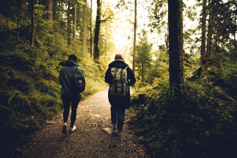 two people walking through the forest