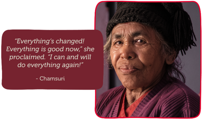 Chamsuri in Nepal after cataract surgery beside quote by Eric Sanderson 